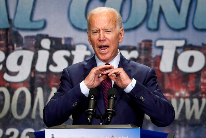 Democratic presidential candidate former Vice President Joe Biden addresses the Rainbow PUSH Coalition Annual International Convention Friday, June 28, 2019, in Chicago. (AP Photo/Charles Rex Arbogast)
