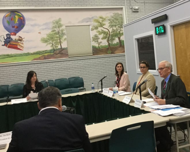 Marshall Withers, senior director of internal audit, told the audit committee about the vendor selected to conduct a program evaluation of the district's alternative learning centers. Seated next to him are senior internal auditors Tiffany Lovezzola, far left, and Leah Underwood. [ANN MEYER/SAVANNAHNOW.COM]