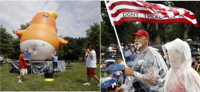 At left, protesters move a Baby Trump balloon into position before Independence Day celebrations in Washington on Thursday. At right, Supporters of President Donald Trump walk on the National Mall in Washington before Independence Day celebrations on Thursday