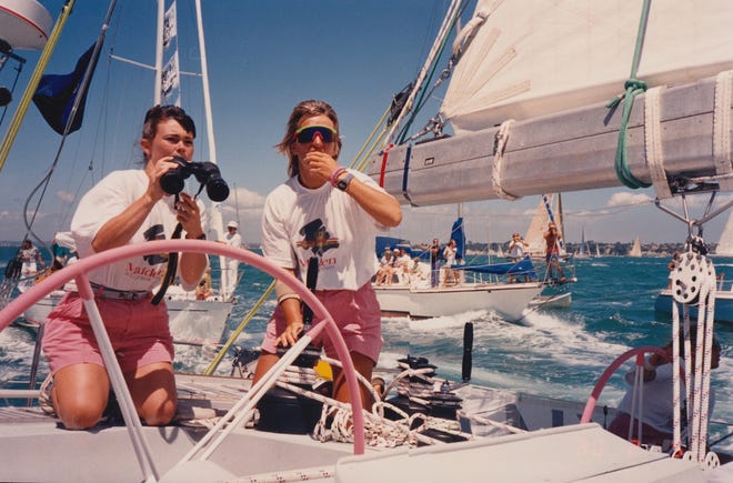 Tracy Edwards, left, and Mikaela Von Koskull in "Maiden." In 1989, Edwards skippered the first all-woman crew to sail in the Whitbread Round the World Race, a grueling, nearly year-long regatta that took competitors from Southampton, England, to Uruguay to Australia to New Zealand and beyond, over the course of six punishing legs. [Photo courtesy of Tracy Edwards / Sony Pictures Classics]