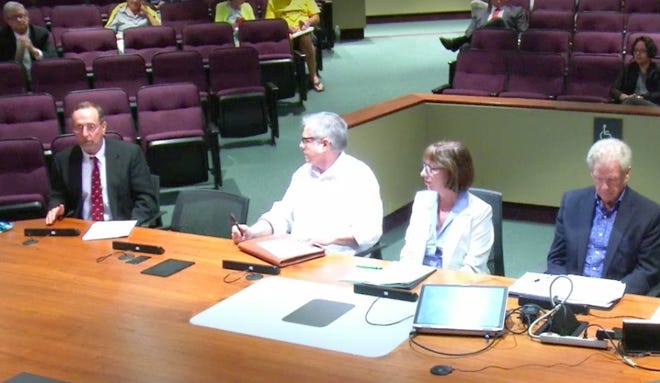 Tim Litchett (left), the city of Sarasota's Neighborhood and Development Services Director, reacting to a presentation from Planning Board members David Moriss, Eileen Normile and Patrick Gannon at a recent City Commission meeting. [Photo taken from City of Sarasota video @sarasota.granicus.com]