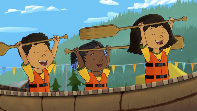 This image released by PBS shows characters, from left, Tooey, voiced by Sequoia Janvier, Trini, voiced by Vienna Leacock and Molly, voiced by Sovereign Bill, in a scene from the animated series "Molly of Denali." The animated show, which highlights the adventures of a 10-year-old Athabascan girl, Molly Mabray, premieres July 15 on PBS Kids. (PBS via AP)
