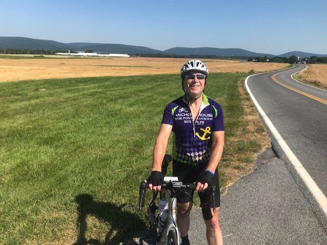 Levittown's Joe Boyce takes a break near Gettysburg during last year's 500-mile fundraising ride to Anchor House. [CONTRIBUTED]
