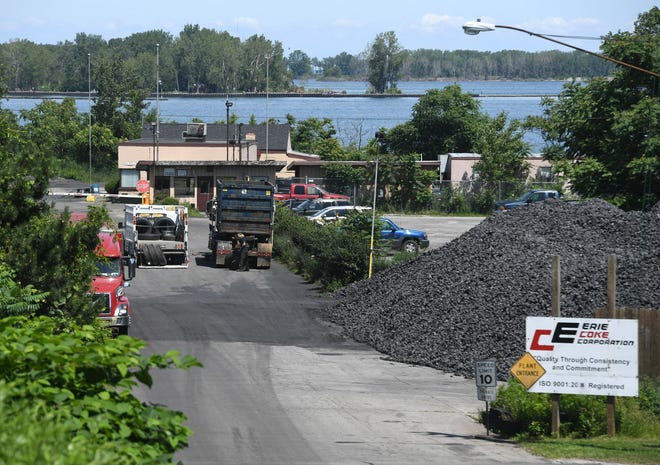 The main entrance to Erie Coke Corp., located at the foot of East Avenue in Erie, is shown on July 1. In the middle ground is the Presque Isle channel. In the background is Beach 11 at Presque Isle State Park. [CHRISTOPHER MILLETTE/ERIE TIMES-NEWS]