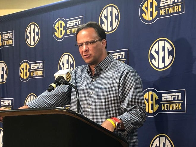 Georgia basketball coach Tom Crean speaks to reporters at the SEC spring meetings on May 28, 2019 in Destin, Fla. (Marc Weiszer/Staff).
