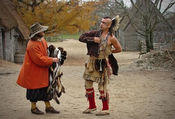 Bill Rudder as the governor and Tim Turner as Tosowet trade goods at Plimoth Plantation. (File Photo)