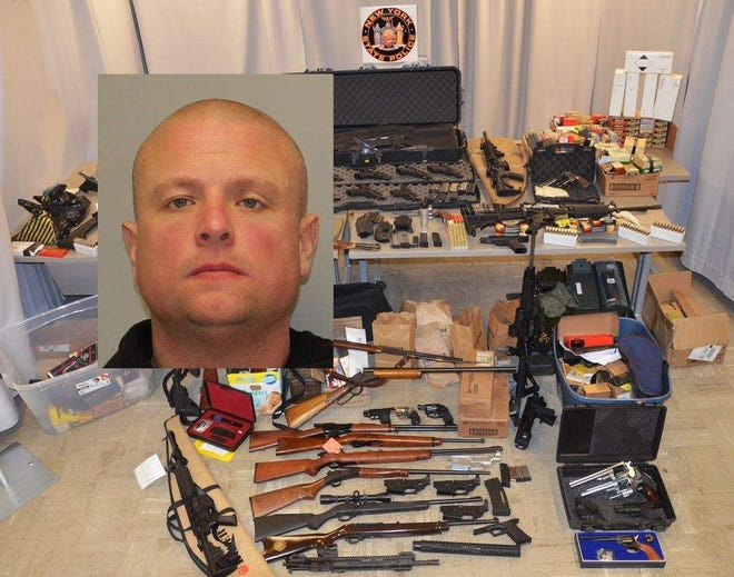 Police said they recovered a number of guns that New York City Department of Environmental Protection police officer Gregg Marinelli, inset photo, sold, and seized gun parts and tools used to manufacture weapons from his Plattekill home in February.