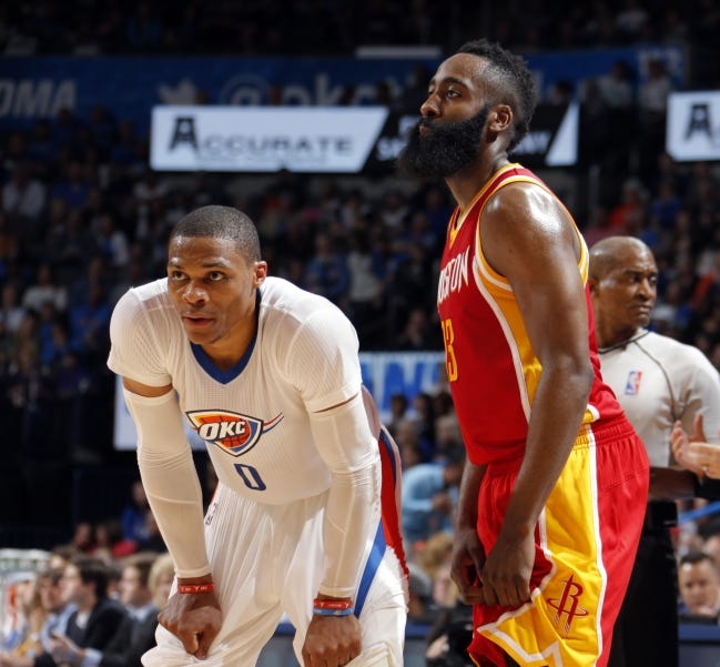Russell Westbrook and James Harden played well together while teammates in Oklahoma City. Will the chemistry remain the same now that Westbrook has joined Harden and the Houston Rockets? [Sarah Phipps/The Oklahoman]