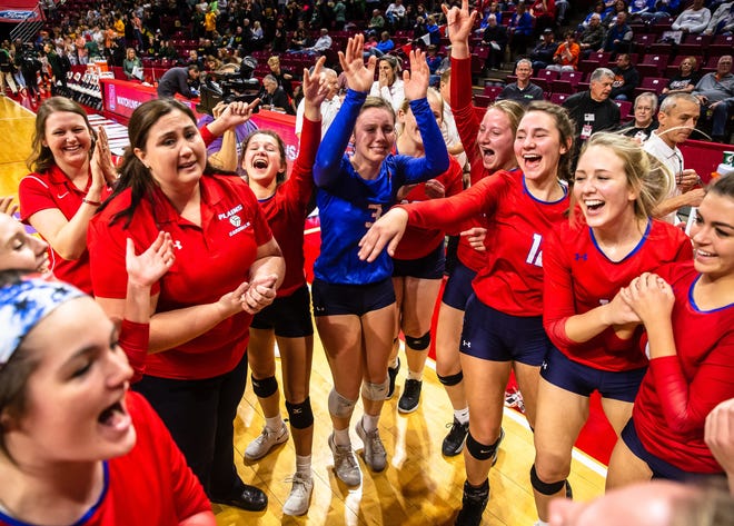 Pleasant Plains' MacKenzie Houser (3) is brought to tears as the Cardinals celebrate their victory over Champaign St. Thomas More during the Class 2A IHSA Volleyball State Final Tournament semifinals at Redbird Arena, Friday, Nov. 9, 2018, in Normal, Ill. [Justin L. Fowler/The State Journal-Register]