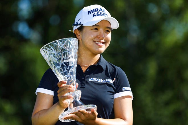 Sei Young Kim holds the trophy after winning the Marathon LPGA Classic tournament on Sunday July 14, 2019, at Highland Meadows Golf Club in Sylvania, Ohio. (Rebecca Benson/The Blade via AP)