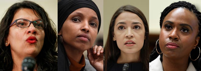 In this combination image from left; Rep. Rashida Tlaib, D-Mich., July 10, 2019, Washington, Rep. Ilhan Omar, D-Minn., March 12, 2019, in Washington, Rep. Alexandria Ocasio-Cortez, D-NY., July 12, 2019, in Washington, and Rep. Ayanna Pressley, D-Mass., July 10, 2019, in Washington. In tweets Sunday, President Donald Trump portrays the lawmakers as foreign-born troublemakers who should go back to their home countries. In fact, the lawmakers, except one, were born in the U.S. (AP Photo)