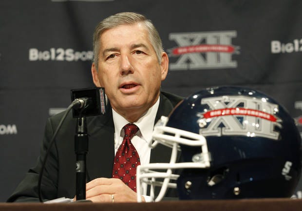 FILE - In this July 22, 2013, file photo, Big 12 Conference Commissioner Bob Bowlsby addresses the media at the beginning of the Big 12 Conference Football Media Days in Dallas. Bowlsby has become the de facto president of the NCAA's power conferences. Could he be the next NCAA president? (AP Photo/Tim Sharp, File)