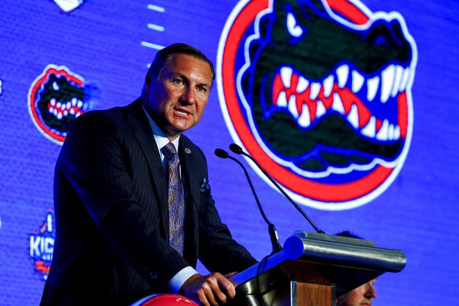 Head Coach Dan Mullen, of Florida, speaks during the NCAA college football Southeastern Conference Media Days, Monday, July 15, 2019, in Hoover, Ala. (AP Photo/Butch Dill)