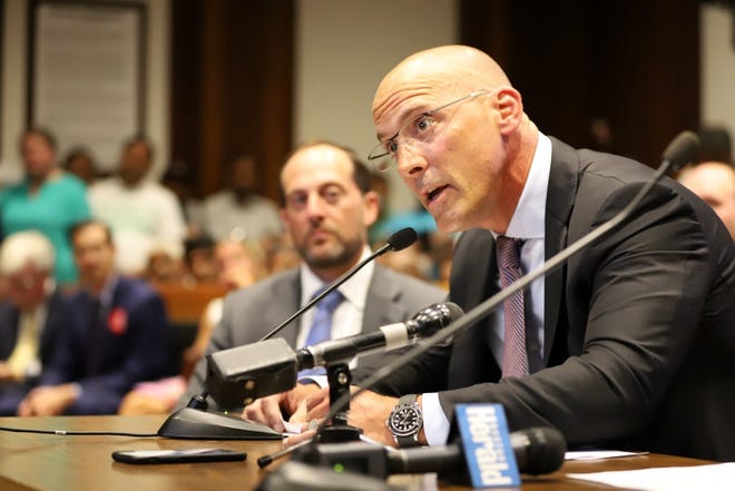 Cumberland Farms CEO Ari Haseotes told lawmakers, "We are your partners in that commitment, not your adversaries" during a State House hearing on a proposal to ban flavored tobacco products Tuesday, July 16, 2019. [Sam Doran/SHNS]