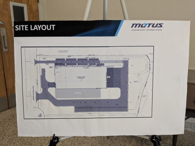 A site layout diagram for Motus Integrated Technologies sits on a stand at Gadsden's City Hall on Tuesday. [Michael Rodgers/Gadsden Times]