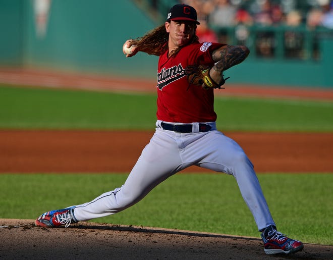 Cleveland Indians starting pitcher Mike Clevinger delivers in the first inning of the team's baseball game against the Detroit Tigers, Wednesday, July 17, 2019, in Cleveland. (AP Photo/David Dermer)