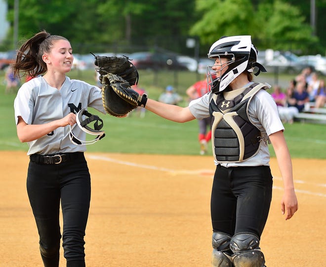 A pair of All-Scholaastic selections, Marshfield pitcher Brianna Melchionda and catcher Lizzie Viola, celebrate after the Rams defeated Sliver Lake on June 7, (Mike Borden/For The Patriot Ledger)
