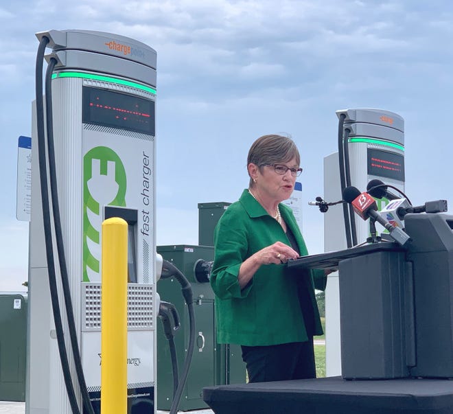 Gov. Laura Kelly speaks at Wednesday morning's news conference announcing the addition of electric car charging stations at the Topeka, Lawrence and Towanda service areas on the Kansas Turnpike. [Phil Anderson/The Capital-Journal]