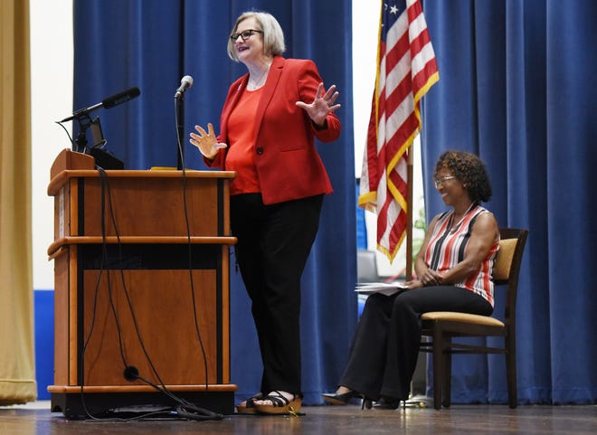 School Board Chairwoman Lori Hershey addresses the audience during the community meeting on the proposed half cent sales tax to fund Duval County Schools. She will send the city's general counsel a letter Friday requesting outside counsel for the school board and then meet with him next week. [Bob Self/Florida Times-Union, file]