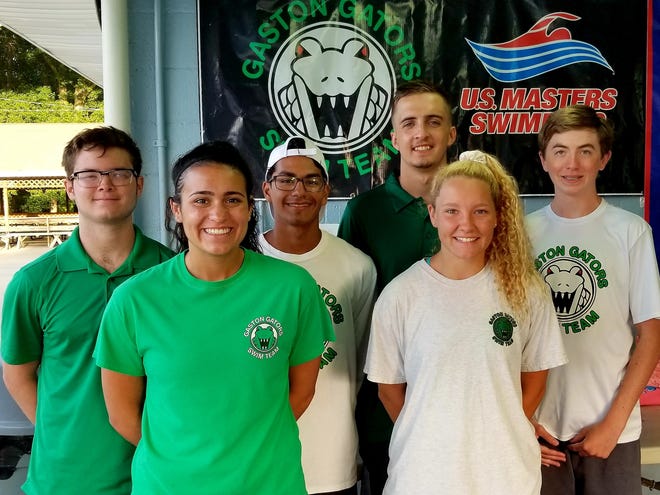 Six Gaston Gator swimmers will vie for state titles this weekend. Among them (front row) are Alicia Hutchins and Allison Kimmel, as well as (back row) Donnie Bowman, Luke Harmon, Will Anderson, and David John Major.