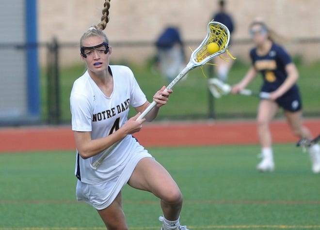 Notre Dame Academy's Madison Ahern heads for the net during a game against Andover in May. The senior from Cohasset scored 117 goals and 54 assists this season in leading the Cougars to their first Div. 1 state crown since 2013. (Tom Gorman/For The Patriot Ledger)
