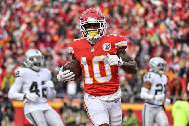 Kansas City Chiefs wide receiver Tyreek Hill shattered a series of franchise receiving records by catching 87 passes for 1,479 yards and 12 touchdowns. [John Sleezer/Kansas City Star/TNS]