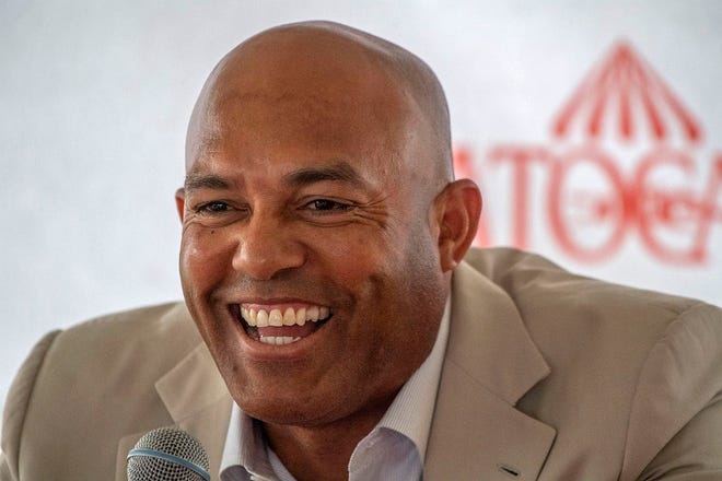 Mariano Rivera speaks to the media during a visit to Saratoga Race Course on July 12 in Saratoga Springs. The day's third race was named "The Mariano Rivera Hall of Fame" as part of the Spa's tribute to the retired New York Yankees pitcher. [SKIP DICKSTEIN/THE ALBANY TIMES UNION VIA ASSOCIATED PRESS]