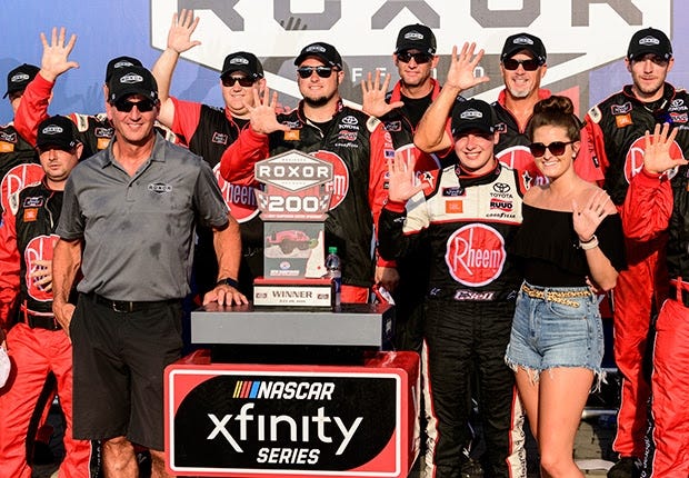 Christopher Bell celebrates his fifth Xfinity Series win of the season following Saturday’s race at New Hampshire Motor Speedway. [Alan MacRae/NHMS}