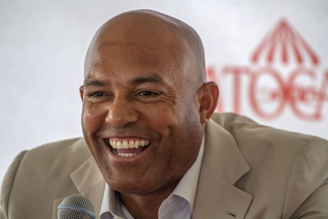 Mariano Rivera speaks to the media during a visit to Saratoga Race Course on July 12 in Saratoga Springs, N.Y. The day's third race was named "The Mariano Rivera Hall of Fame" as part of a tribute to the retired New York Yankees pitcher. [SKIP DICKSTEIN/THE ALBANY TIMES UNION VIA AP]
