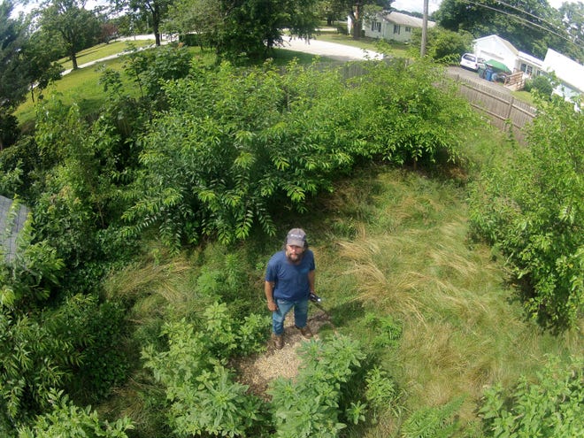 Lawrence Morra stands on the spot in his yard where a large silver maple he had planted in honor of his mother had stood. He is suing the state, alleging that officials took his trees without just compensation. [The Providence Journal / Sandor Bodo]