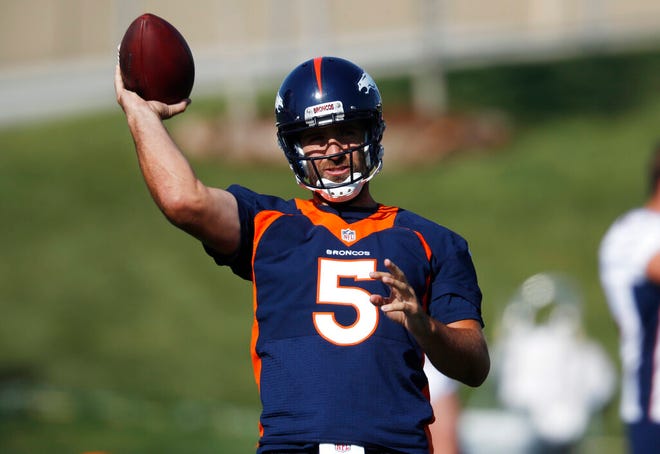 Denver Broncos quarterback Joe Flacco takes part in drills during the opening day of the team's NFL football training camp Thursday, July 18, 2019, in Englewood, Colo. (AP Photo/David Zalubowski)