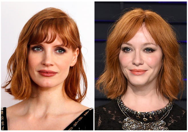 This combination photo shows actress Jessica Chastain, left, at a fan event for "X-Men: Dark Phoenix" in May in London, and actress Christina Hendricks at the Vanity Fair Oscar Party in February in Beverly Hills. Hendricks says she has been mistaken for Oscar nominee Chastain. [Contributed by the Associated Press]