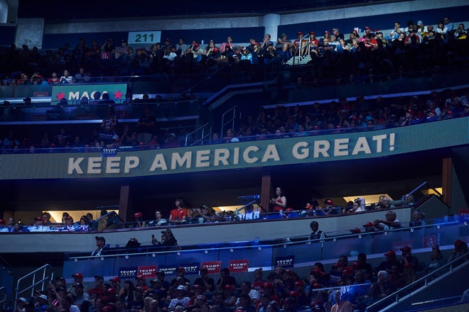 President Trump unveils a new campaign slogan, "Keep America Great!" at his rally in Orlando last month. MUST CREDIT: photo for The Washington Post by Zack Wittman.