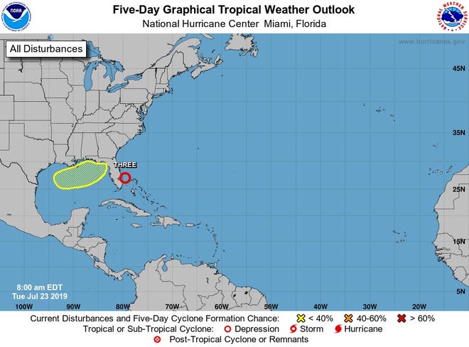 A National Hurricane Center graphic shows the position of Tropical Depression Three and an area of potential storm development in the Gulf of Mexico as of Tuesday morning, July 23, 2019.