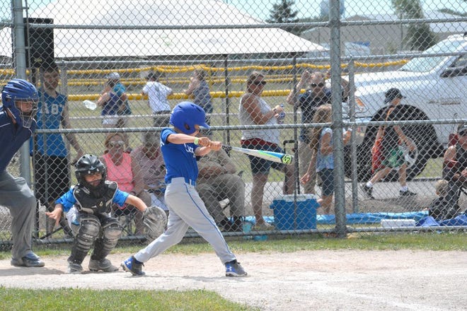 Gabe Bontrager of the Soo Sluggers connects for a hit during a game against Thunder Bay this past weekend.