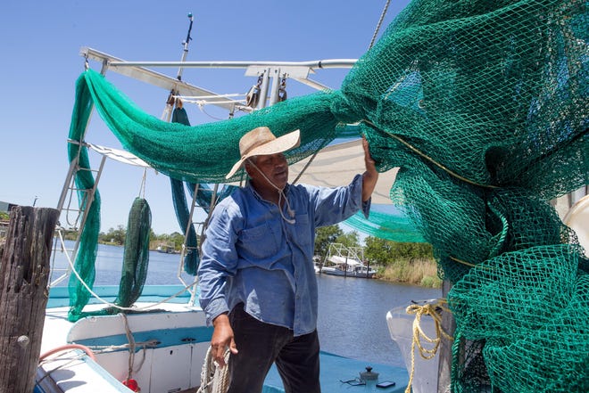 Pierre Solet puts up nets on his shrimp boat in Dulac in 2017. This year, all of Louisiana's fisheries have seen losses due to flooding that lasted for several months. [File]