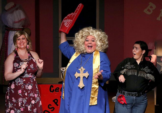 Cee Cee Windham (Kristen Lineberger) left, Dixie Davenport (Kristina Blake) center, and Jimmie Wyvette Verdeen (Ashley Peterson) in a scene from the Little Theater of Gastonia's 2018 production of "Last Round-Up of the Guacamole Queens." Their new season begins in September. [JOHN CLARK/THE GASTON GAZETTE]