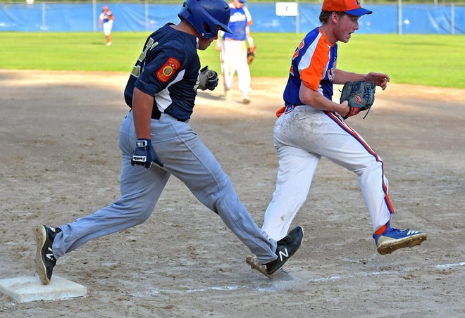 Leominster pitcher Alan Hyatt, right, beats Shrewsbury’s Christian Siciliano to the first base bag, as he covers the base on a ground ball hit to the first baseman during American Legion Zone 4 Samko Playoffs action Friday, July 19 in Leominster. [T&G Staff/Steve Lanava]