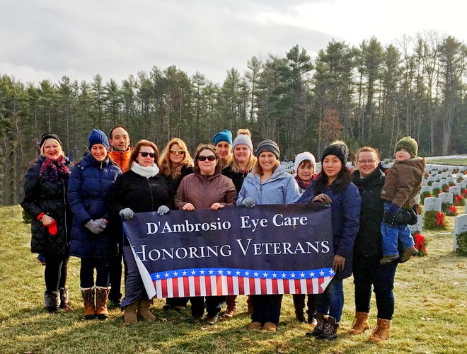 D’Ambrosio Eye Care, Inc. staff and patients raised $6,372 to benefit Wreaths Across America, specifically for the Massachusetts Veterans’ Memorial Cemetery in Winchendon to honor those who have served our country. Pictured are the staff members who volunteered to lay wreaths at the cemetery. D’Ambrosio Eye Care, which has a location in Leominster, has been supporting this effort to honor and remember those who served, and to teach future generations of the sacrifices these service members have made, for six years, raising nearly $18,000 in total. [SUBMITTED PHOTO]