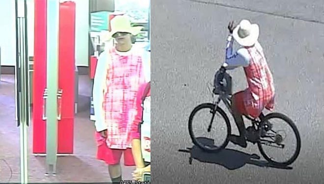 Robbery suspect in pink dress in Santander Bank and on getaway bike, right. [Woonsocket Police]