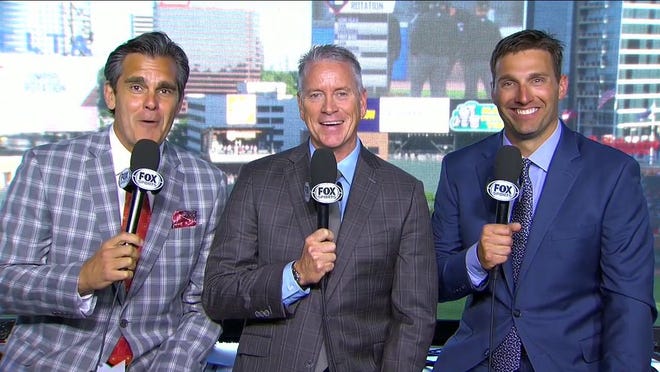Atlanta Braves TV broadcasters Chip Caray (on left), Tom Glavine (center) and Jeff Francoeur on Fox Sports South before a May game at SunTrust Park in Atlanta. [FOX SPORTS]