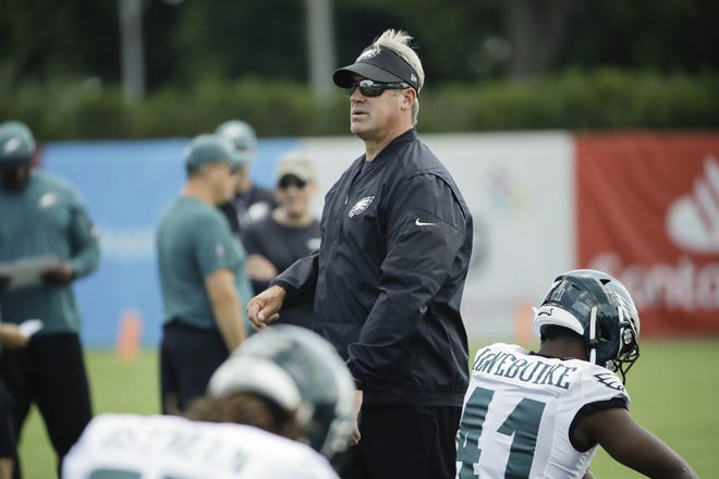 Eagles coach Doug Pederson conducts during practice Thursday at the opening of training camp. [Matt Rourke/AP]