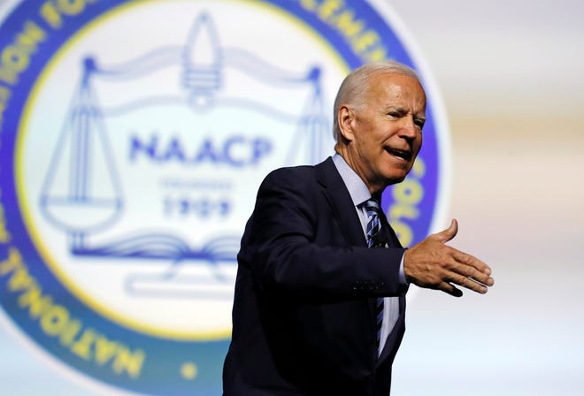 Democratic presidential candidate former Vice President Joe Biden, speaks during a candidates forum at the 110th NAACP National Convention, Wednesday, July 24, 2019, in Detroit. (AP Photo/Carlos Osorio)