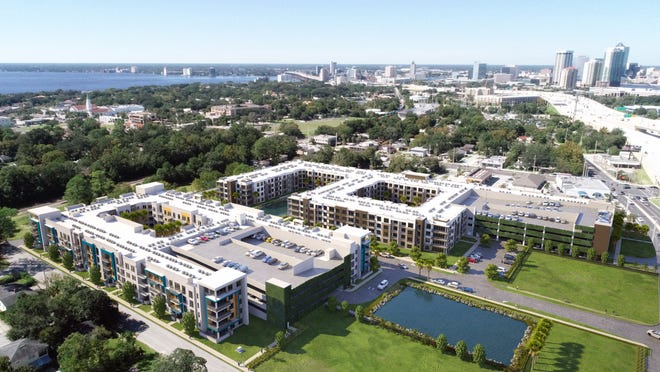 Construction is expected to begin this fall on San Marco Crossing, a 486-unit multifamily development along Philips Highway. The complex of four-story buildings will include a co-working space, fitness center, resort pool, bikeshare and dog spa. [IMAGE COURTESY EJF CAPITAL/CHANCE PARTNERS]