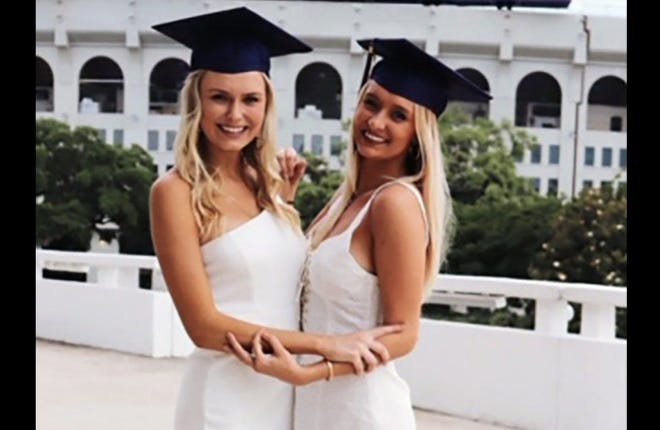 Brittney Searson (left) and Kameron Cline pose on May 11 after their graduation from Louisana State University in Baton Rouge, La. The two friends died July 4 when a helicopter crashed off the Bahamas en route to Fort Lauderdale. [Photo provided by Brittney Searson's family]