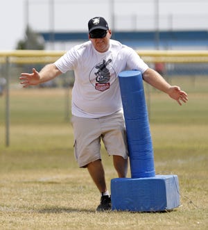Jerry Raab tags the base during the Alstr‡¶m Angels BEEPball tournament, Saturday, July 27, 2019, at Lubbock Youth Sports Complex in Lubbock, Texas. [Brad Tollefson/A-J Media]