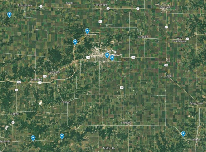 This map shows the distribution of bridge and resurfacing projects around McDonough County for the 2019-2024 multi-year program of Illinois Department of Transportation.