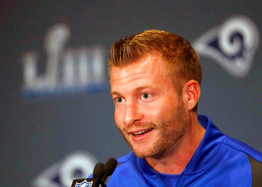FILE - In this Jan. 30, 2019, file photo, Los Angeles Rams head coach Sean McVay speaks during a news conference ahead of the NFL Super Bowl 53 football game against the New England Patriots, in Atlanta. Coach Sean McVay and general manager Les Snead have agreed to contract extensions through 2023 with the Los Angeles Rams. The defending NFC champions announced the deal Friday, July 26, 2019, while veterans reported to training camp in Orange County. (AP Photo/John Bazemore, File)