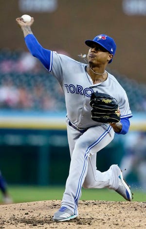 Toronto Blue Jays' Marcus Stroman pitches against the Detroit Tigers during the second inning of a baseball game, Friday, July 19, 2019, in Detroit. (AP Photo/Duane Burleson)