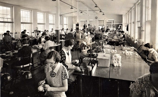 Perkasie residents stitching baseballs for both the American and National Leagues in the 1940s. [COURTESY RICK DOLL / PERKASIE HISTORICAL SOCIETY]